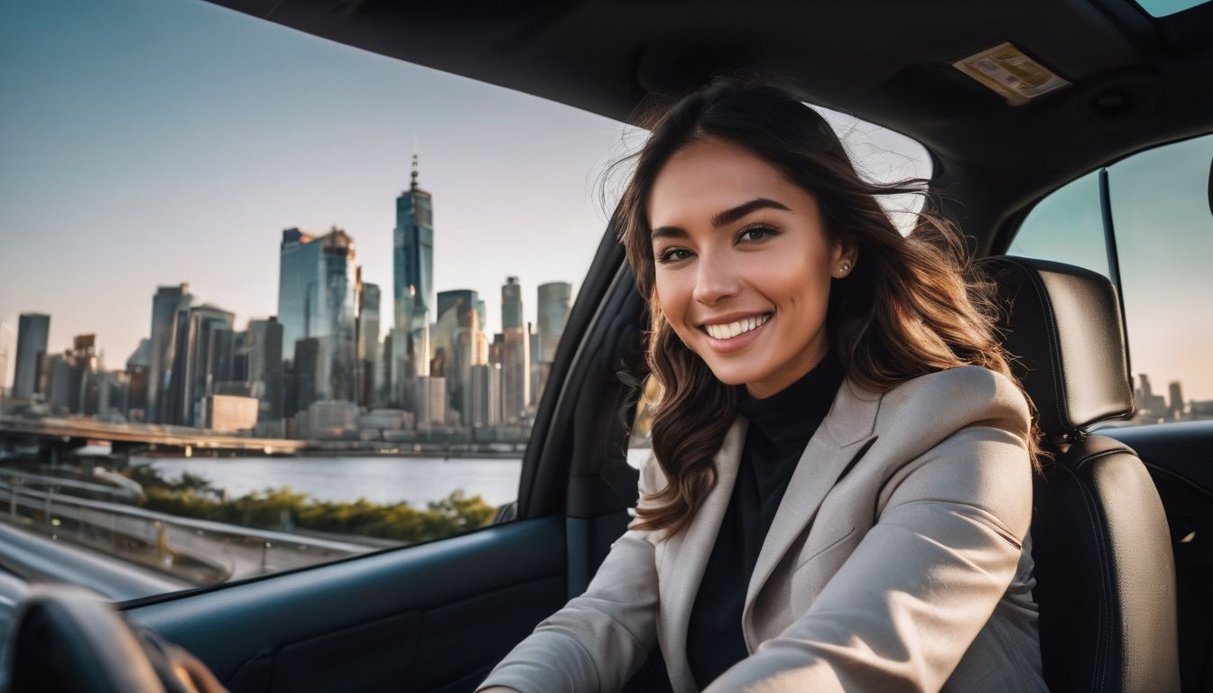 A woman happily driving a car with a city skyline in the background having car insurance less 100 month