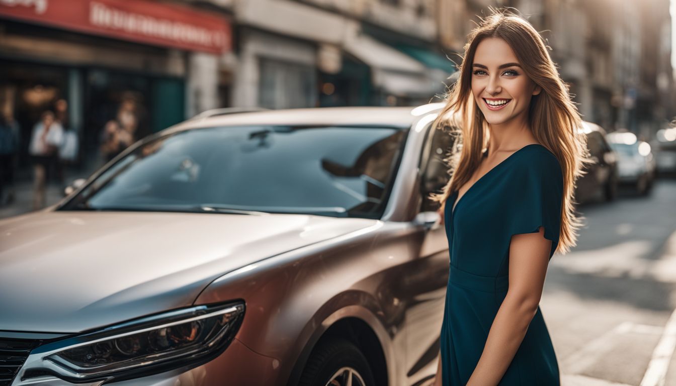A happy woman receives instant car insurance coverage in a busy city.
