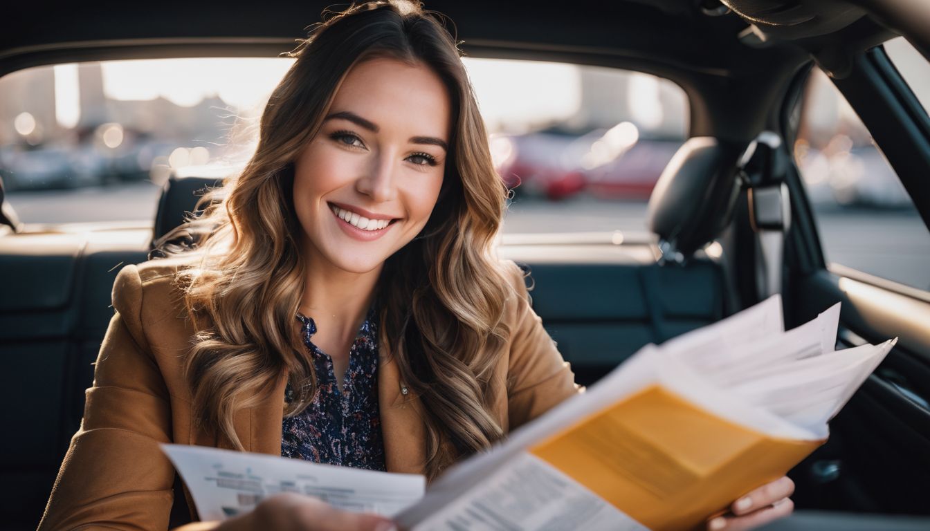 A woman holding insurance papers and smiling in a car.