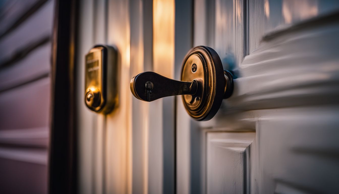 A secure lock and key on a house door in a peaceful neighborhood at twilight.