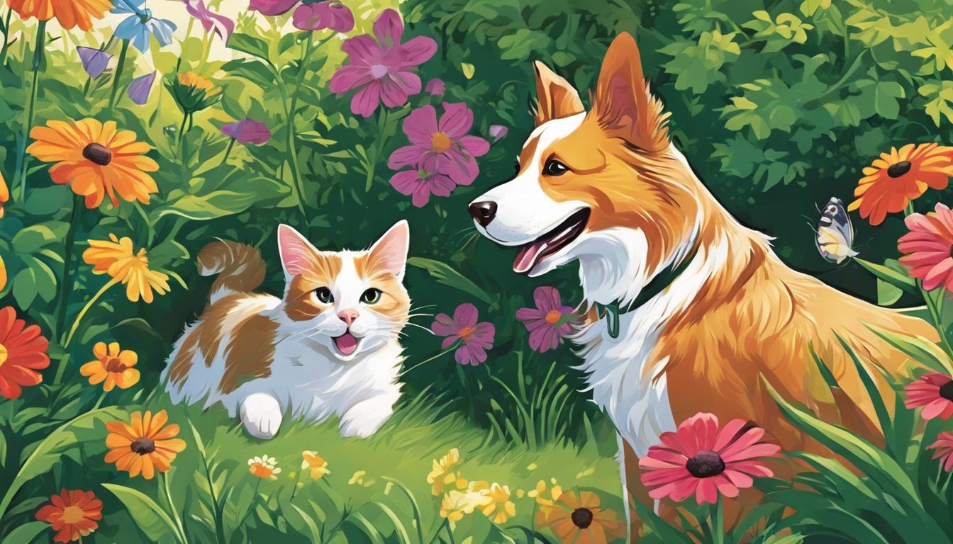 A dog and cat happily playing in a backyard garden surrounded by flowers and greenery.