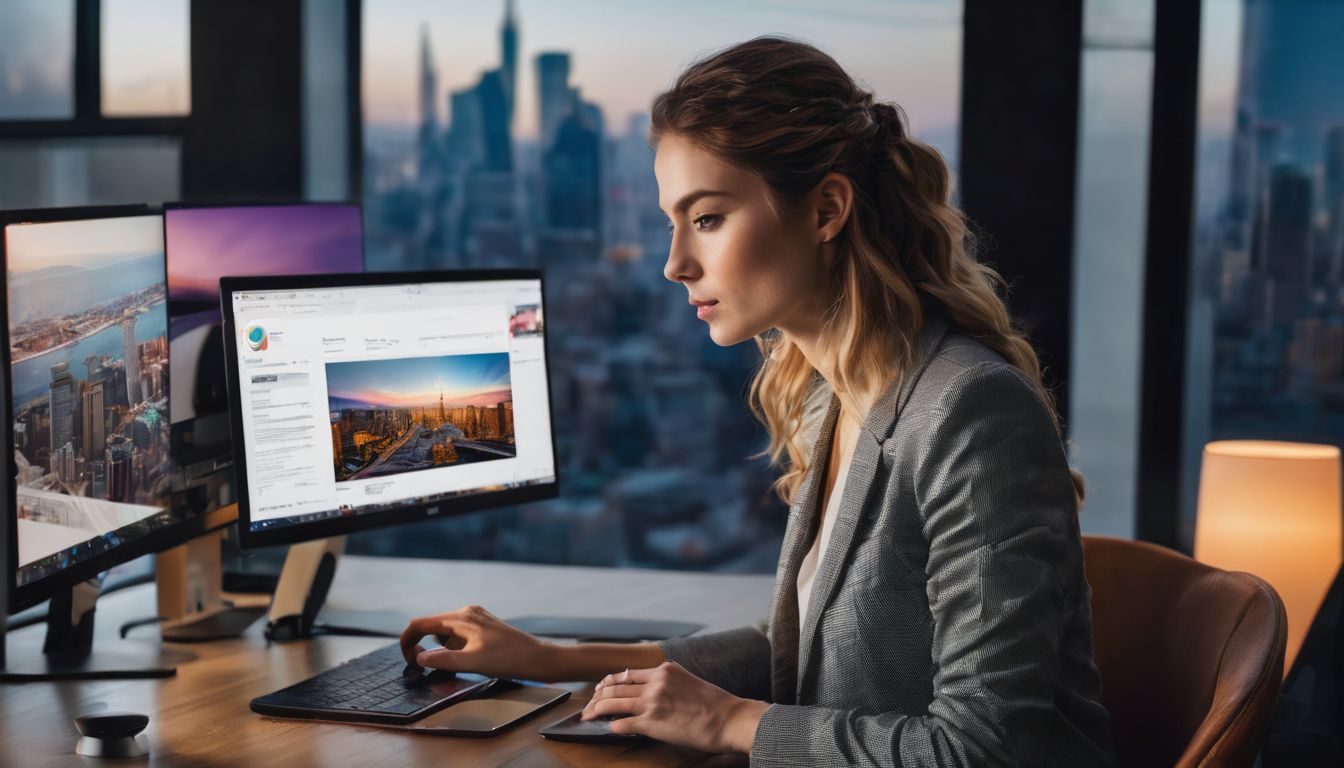 Eine Person arbeitet an einem modernen Computer in einem stilvollen Büro.