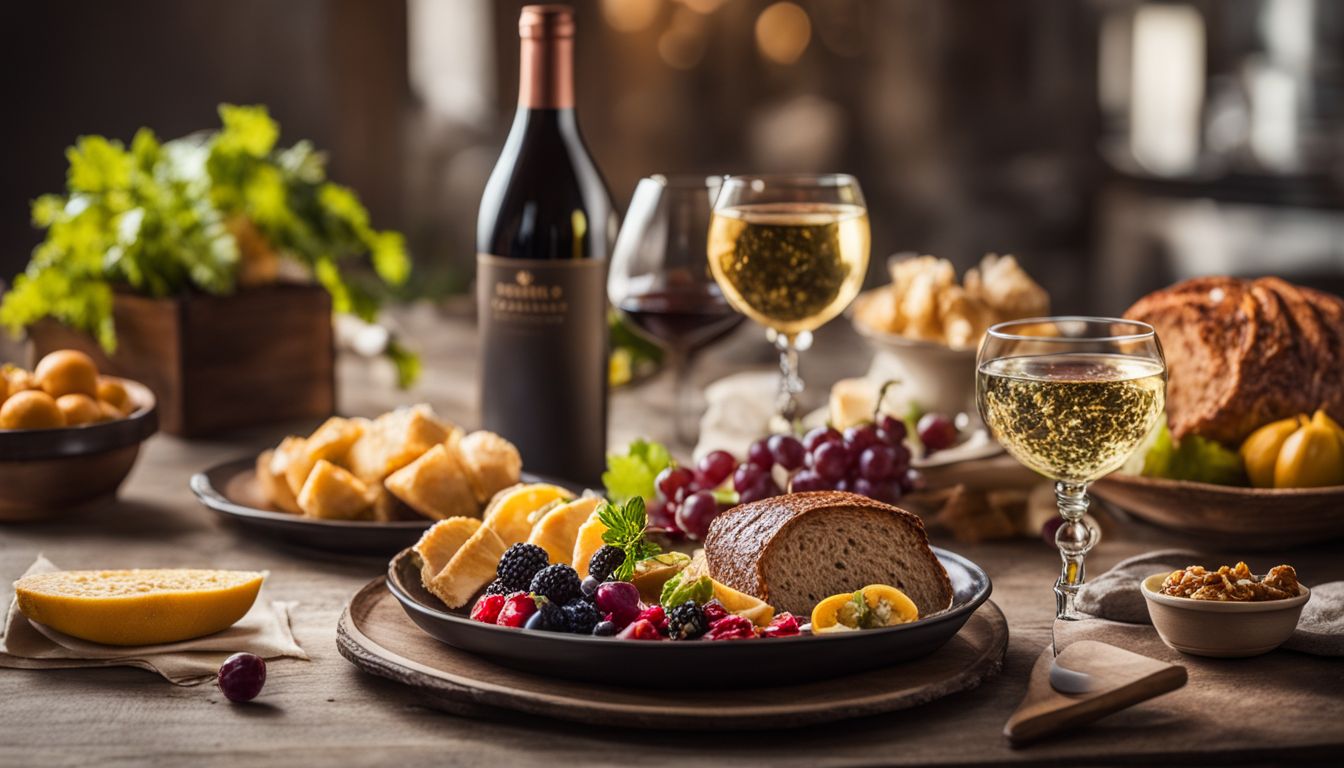 Et vakkert dekket bord med mat og vinflaske.