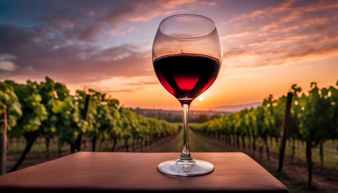 Et glass rødvin mot vingårdens solnedgangs bakgrunn.