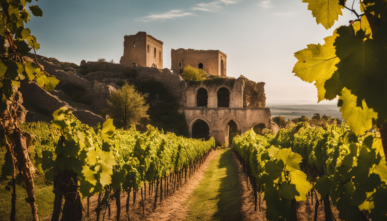 En vingård omgitt av gamle ruiner i en travel atmosfære.
