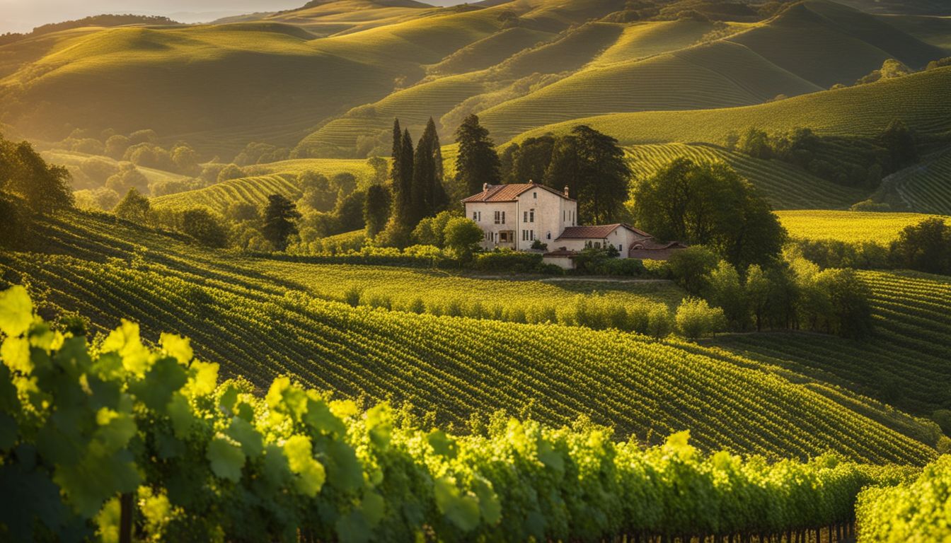 En frodig vinmarklandskap med vakre rullende åser og livlige vinranker.