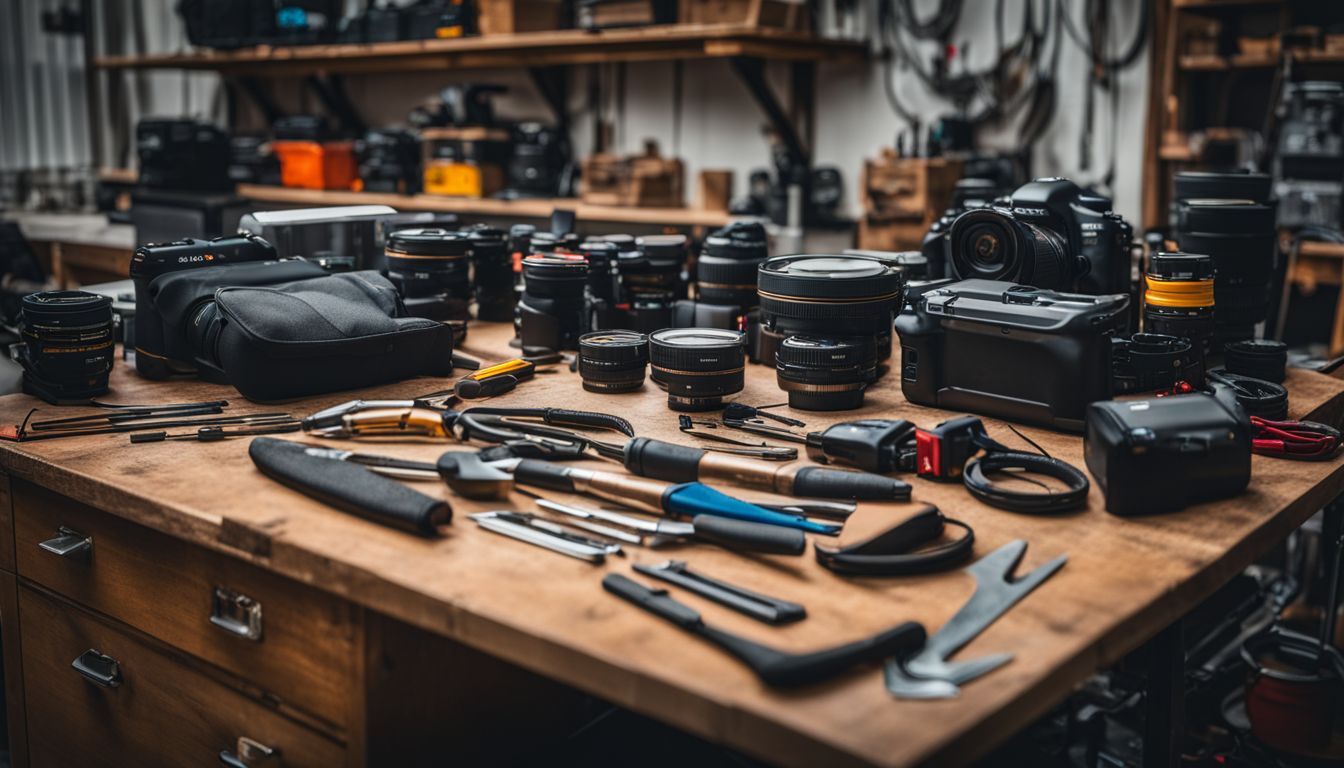 A neatly arranged toolkit and work equipment in a workshop setting.
