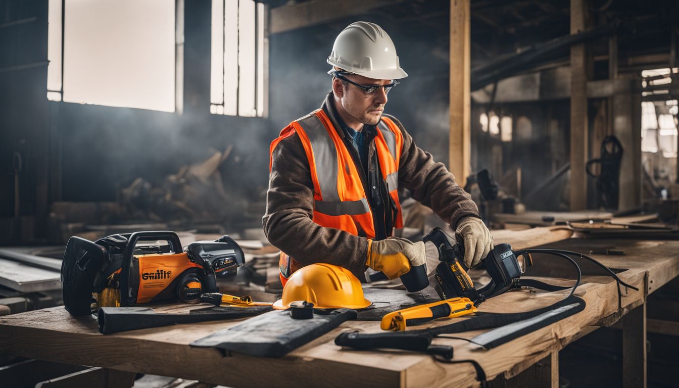 A construction worker inspecting tools and equipment at a job site.