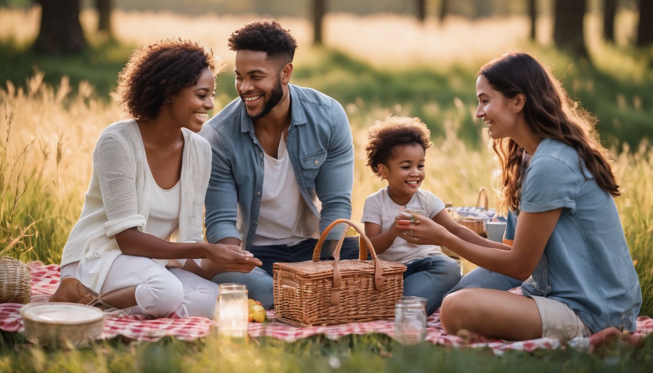 A family enjoys a peaceful picnic in a beautiful meadow.