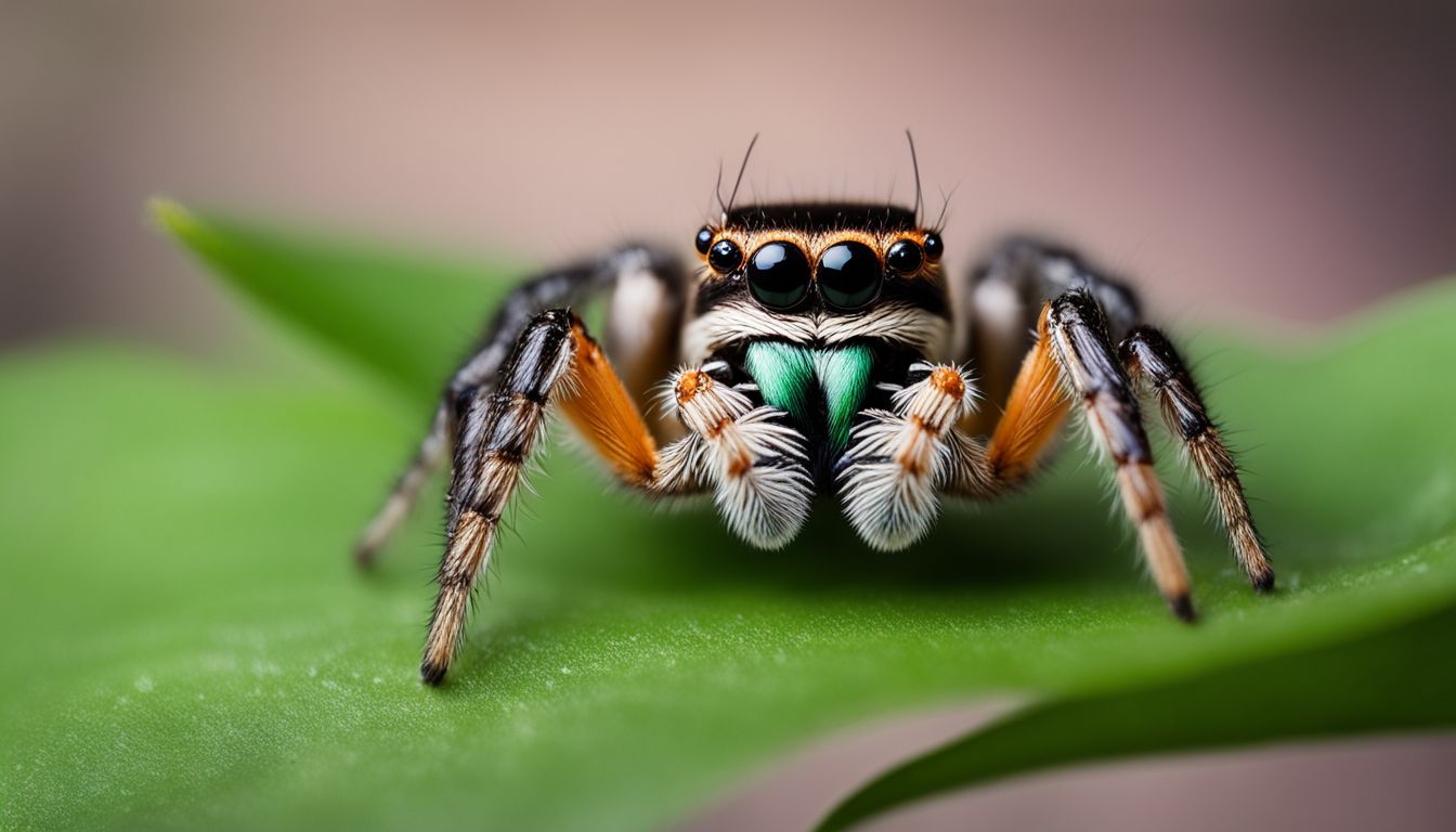 A jumping spider hunts its prey on a green leaf in a wildlife photograph.