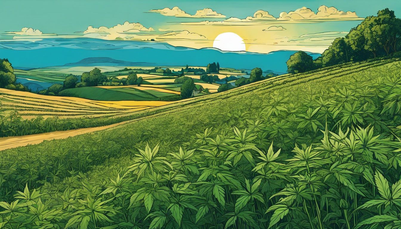 A field of blooming hemp plants in a peaceful countryside environment under a clear blue sky.