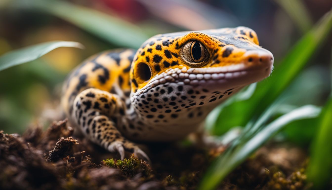 A leopard gecko curiously explores its terrarium in a wildlife photography.