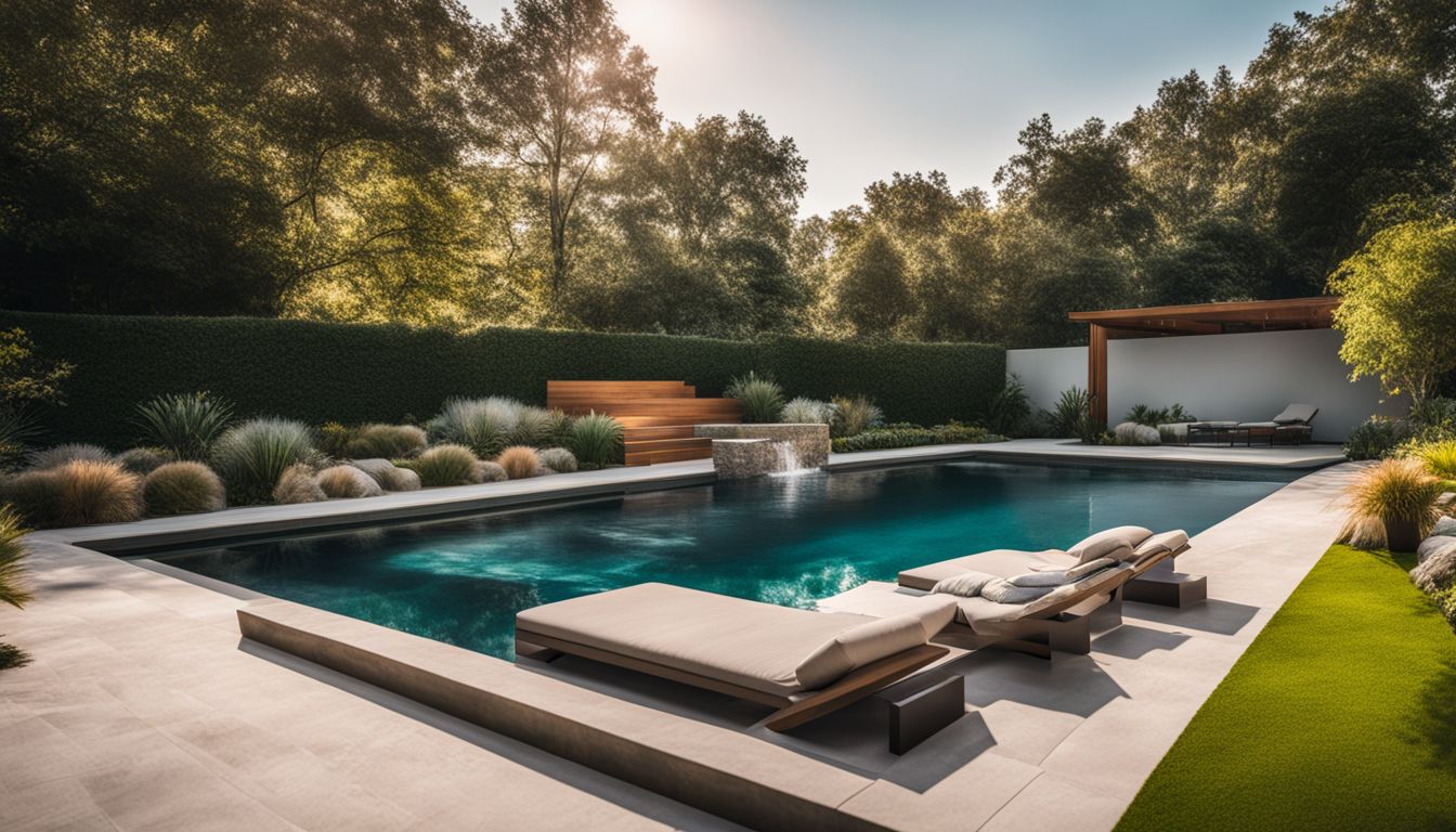 A modern backyard with a pristine swimming pool and lush landscaping.