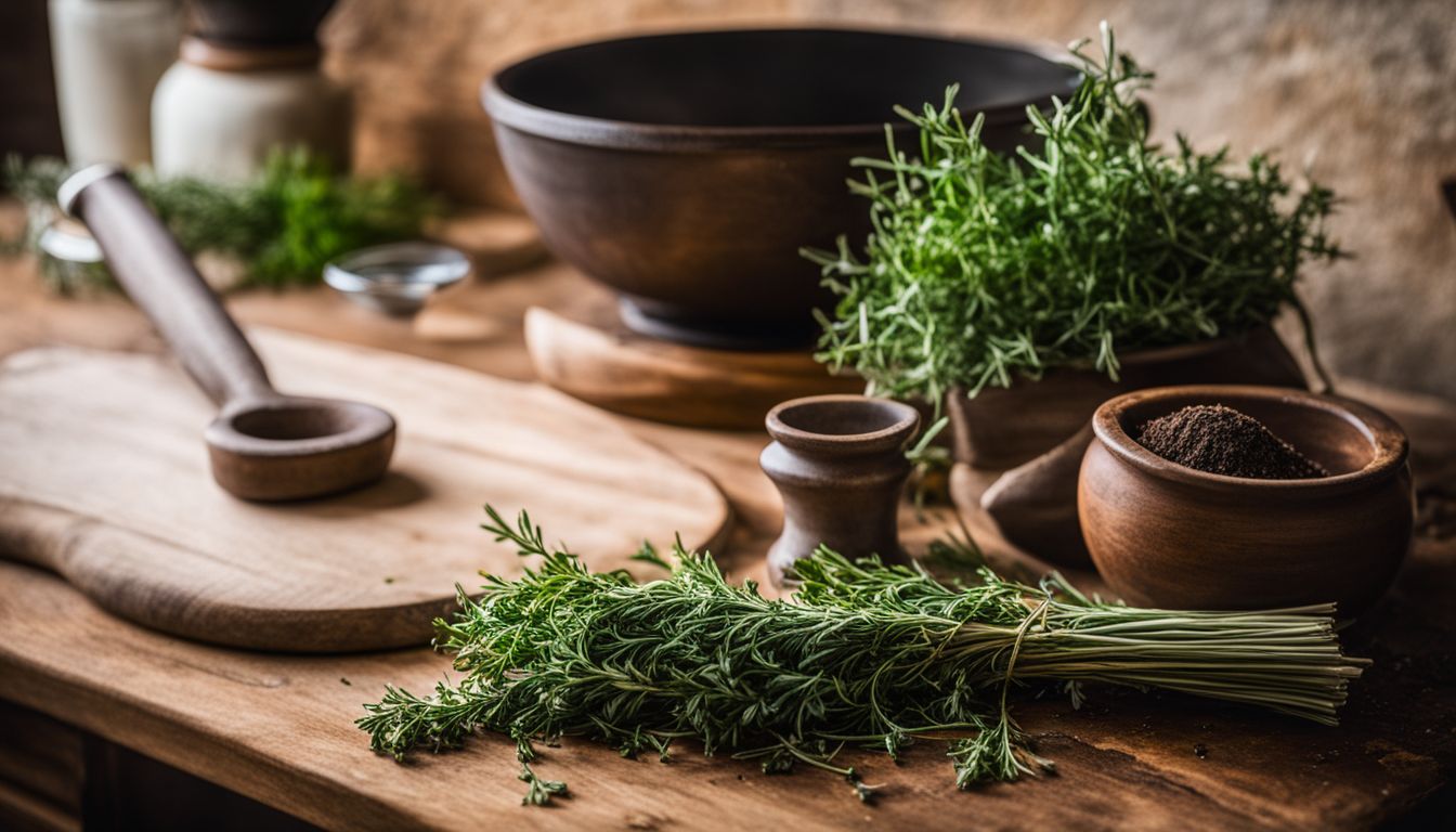 A photo of fresh thyme and a mortar and pestle on a rustic kitchen counter.