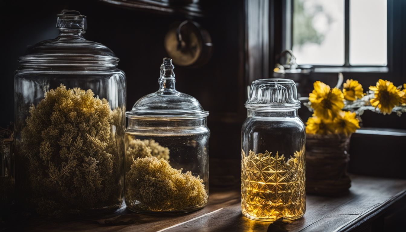 A photo showing dried mullein and a glass jar of vodka in a dark cabinet.