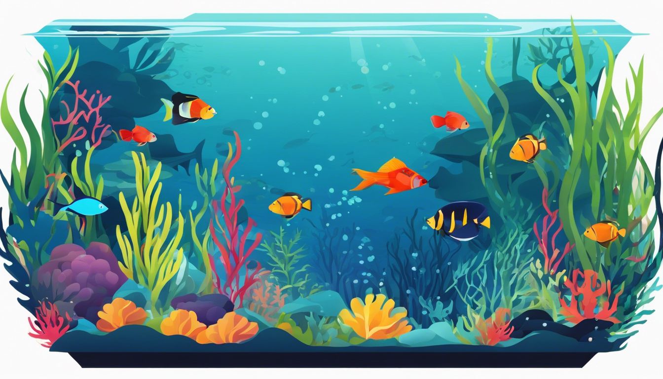 A vibrant underwater aquarium scene with colorful fish and aquatic plants.