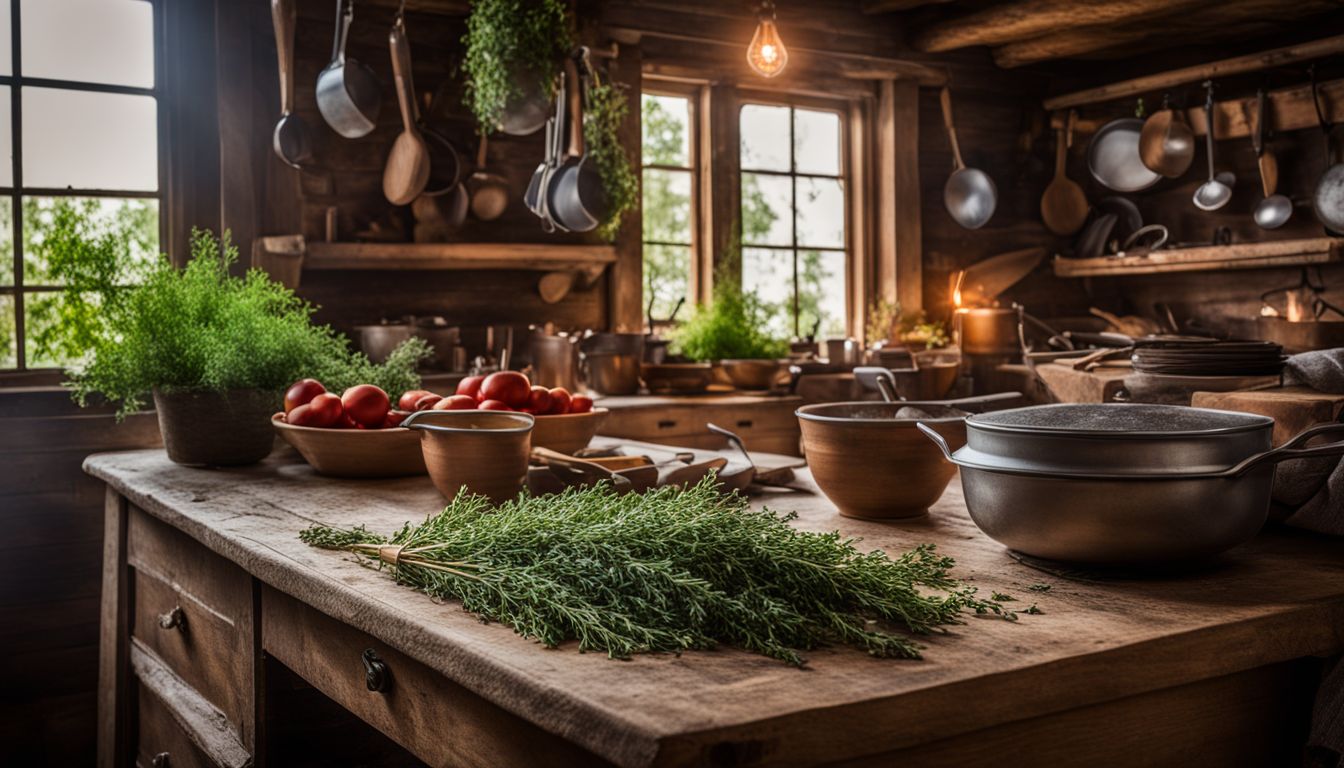 Freshly harvested sprigs of thyme in a rustic kitchen with cooking utensils and a bustling atmosphere.