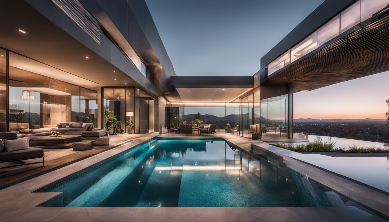 An architecturally modern pool with sleek landscaping in a bustling atmosphere.
