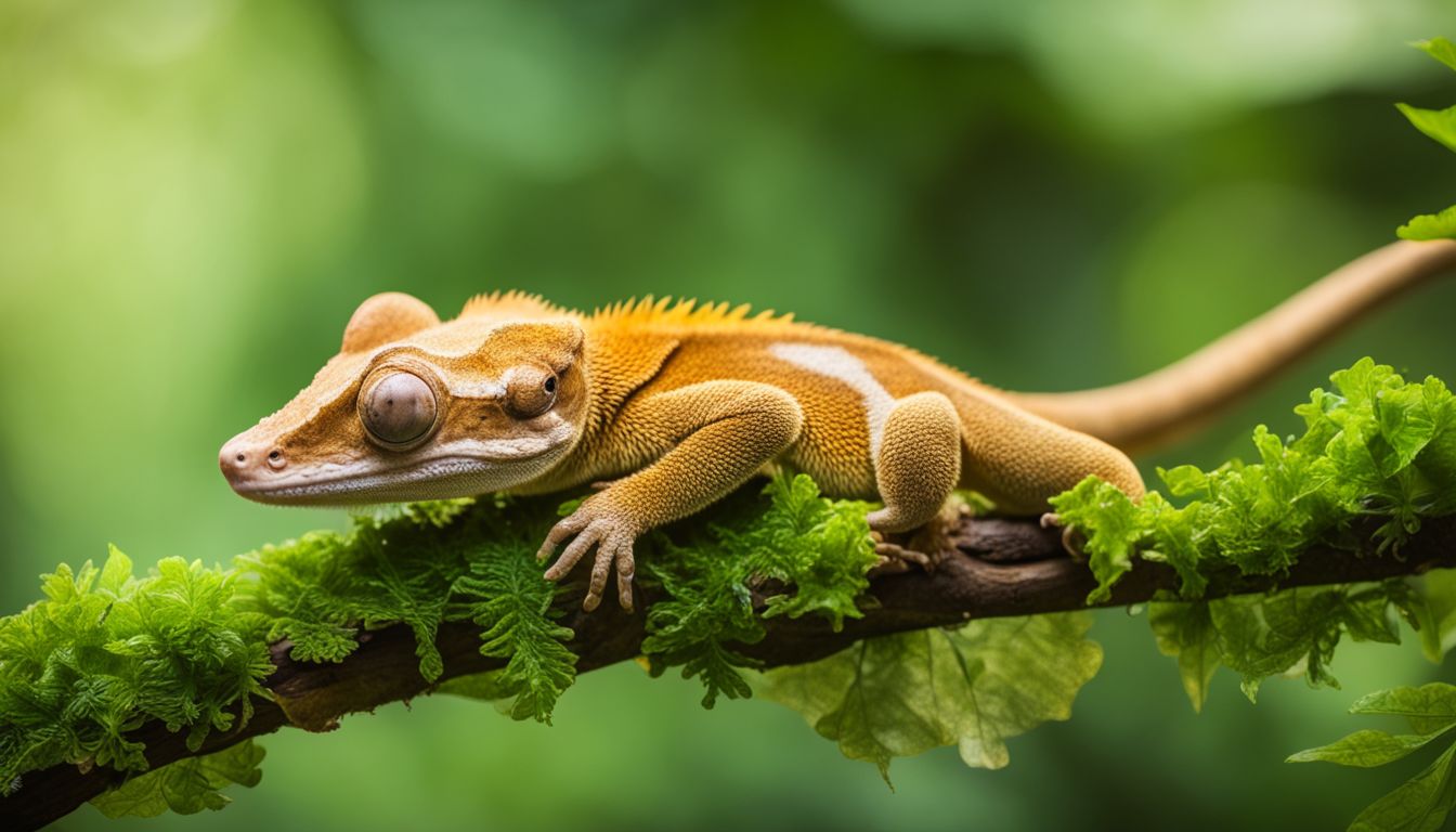 A crested gecko resting on a lush green branch in a tropical rainforest.