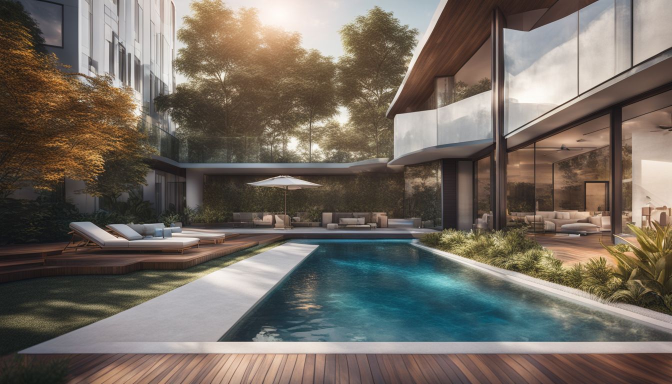 A modern 3D-rendered swimming pool design with elegant landscaping and bustling atmosphere.