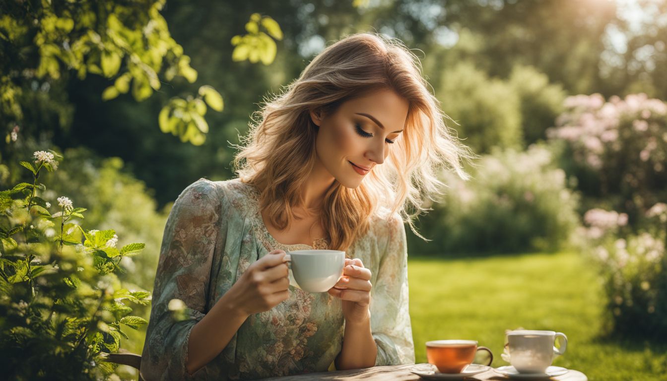 A woman enjoys lemon balm tea in a peaceful garden.