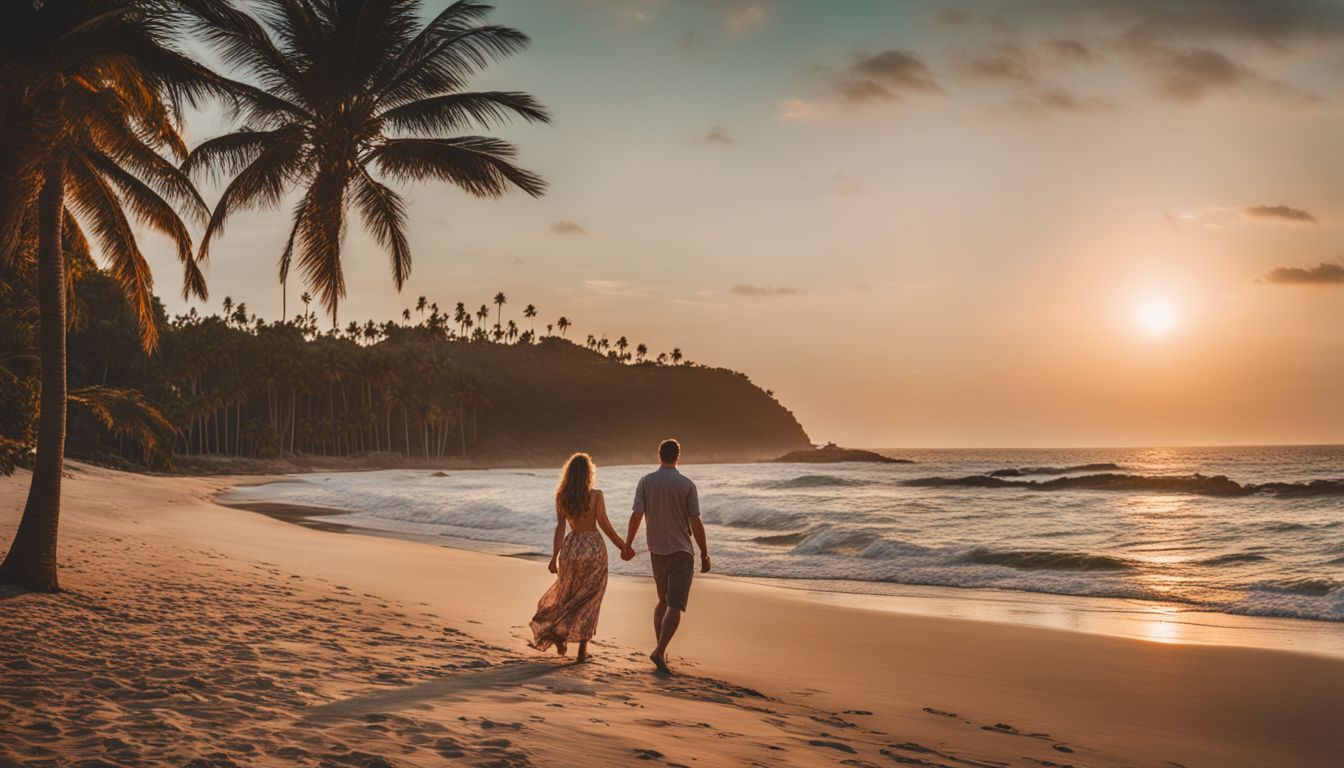 A couple enjoying a tropical sunset on a palm tree-lined beach.