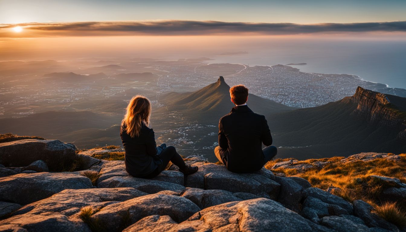 A couple watching the sunset on top of Table Mountain.