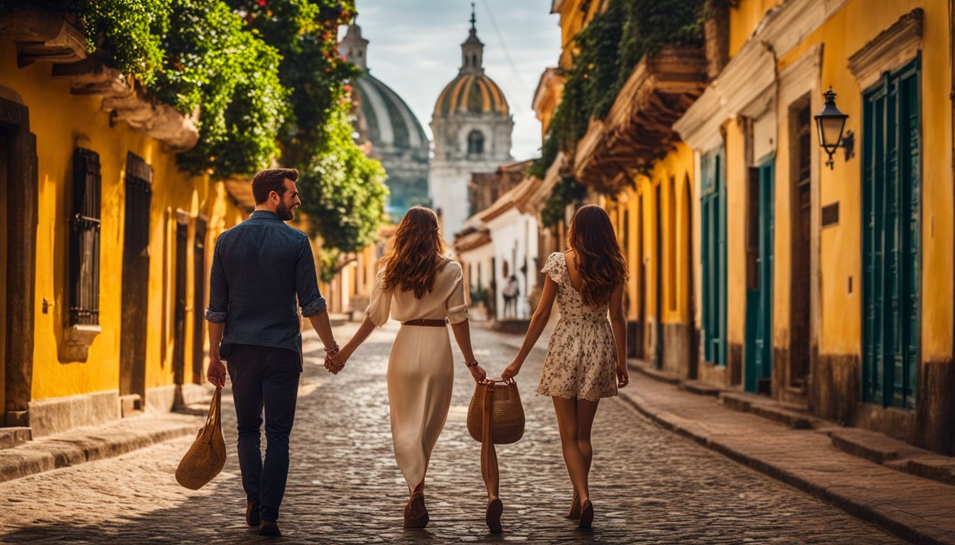 A couple walks hand in hand on a historic street in Colombia.