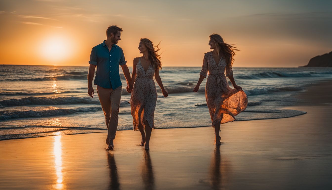 A couple walking hand in hand on a tropical beach at sunset.