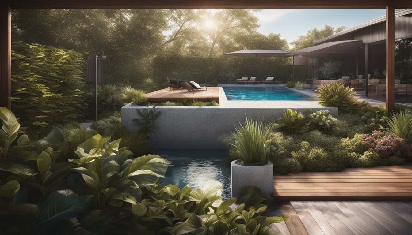A 3D visual of a custom swimming pool surrounded by plants.