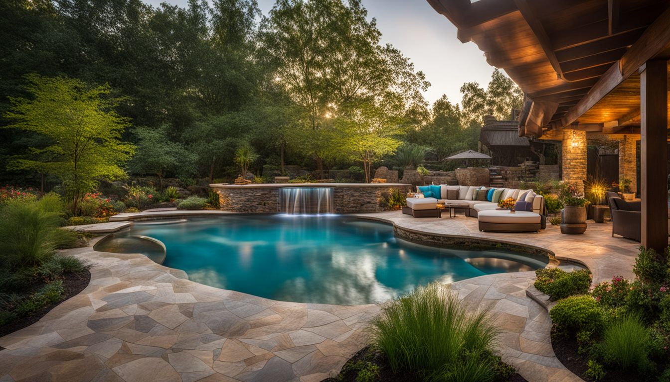 A newly renovated backyard pool surrounded by lush landscaping.