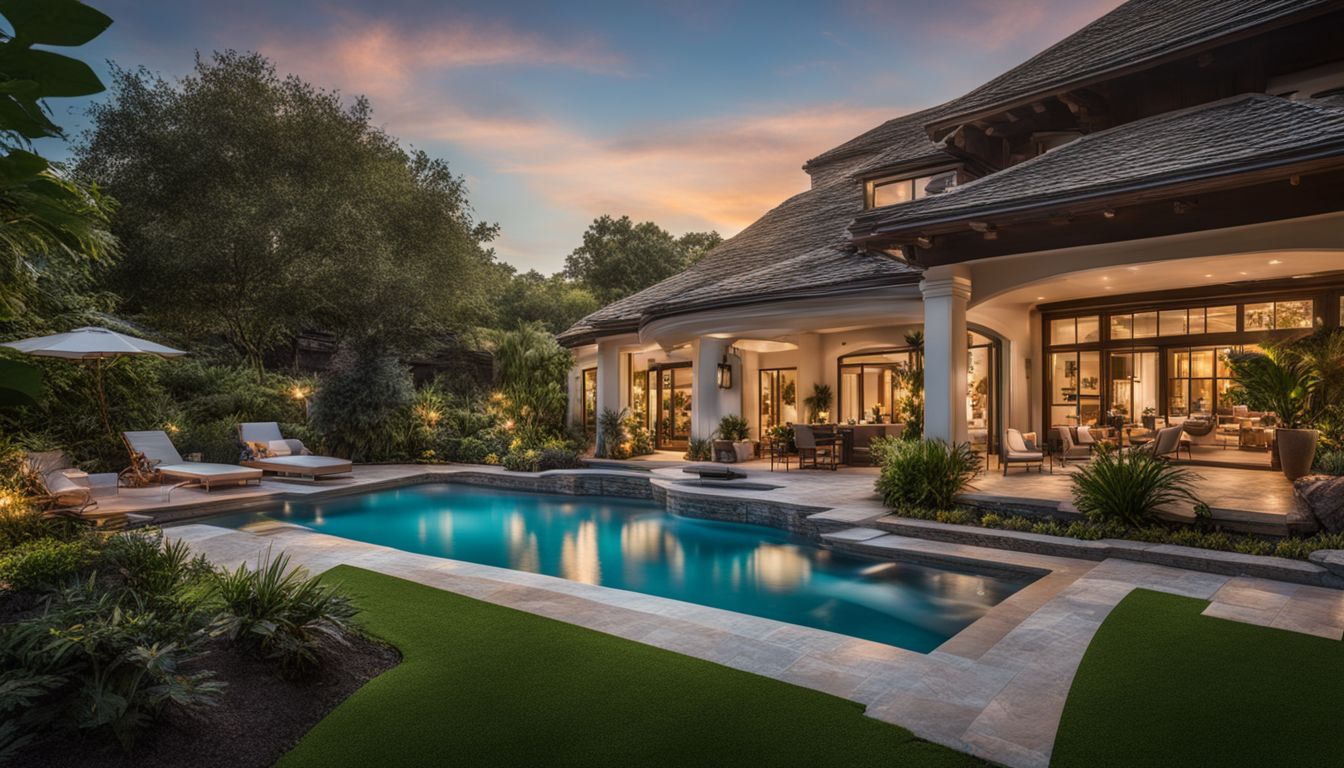 A stunning custom swimming pool in a lushly landscaped setting.