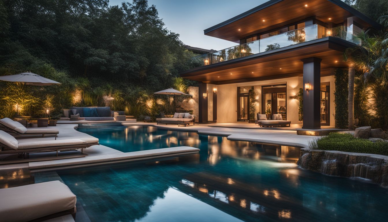 A luxurious custom swimming pool with built-in seating and a stunning waterfall.