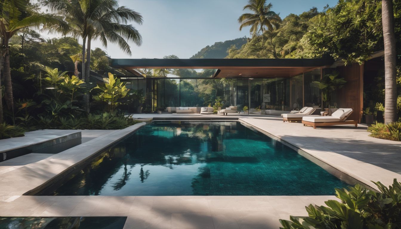 A luxurious, modern swimming pool surrounded by lush tropical landscape.