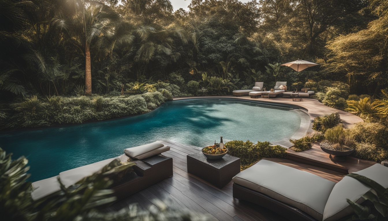 A luxurious swimming pool surrounded by lush landscaping and nature.