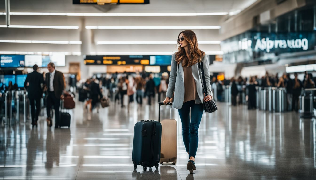 A traveler with luggage walks through a bustling airport terminal.