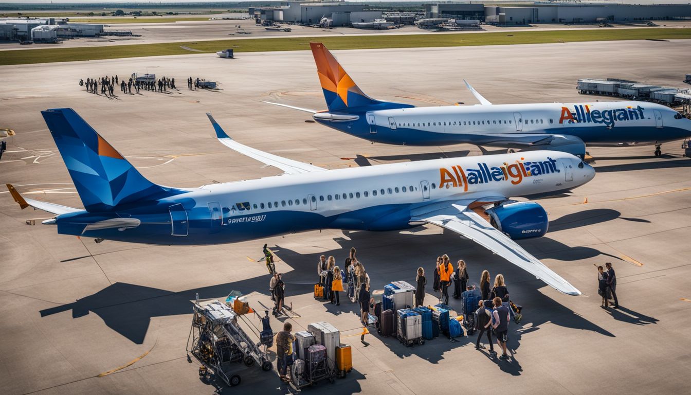 Passengers boarding an Allegiant plane on airport tarmac.