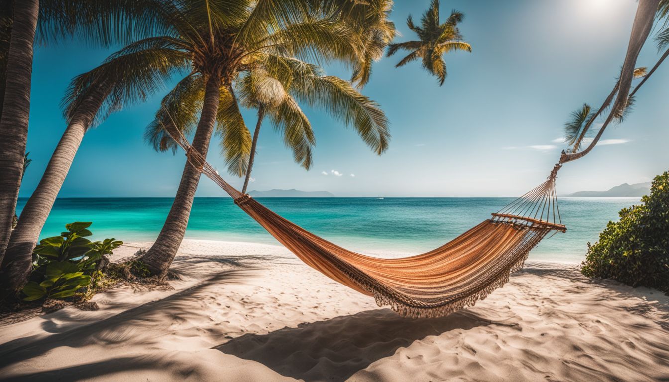A hammock hang between palm trees on a beautiful beach.