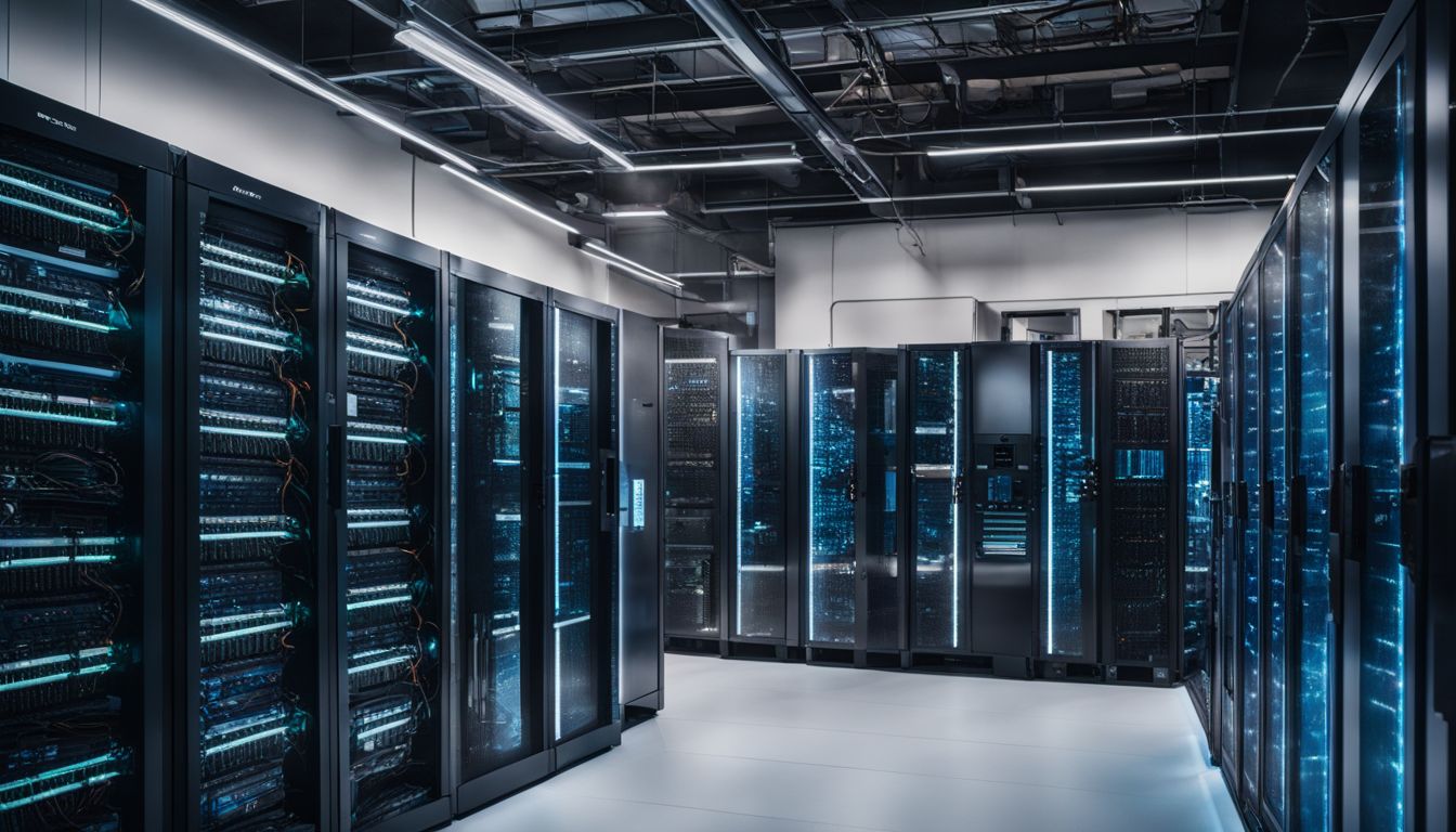 A secure server room with advanced cybersecurity measures and busy staff.