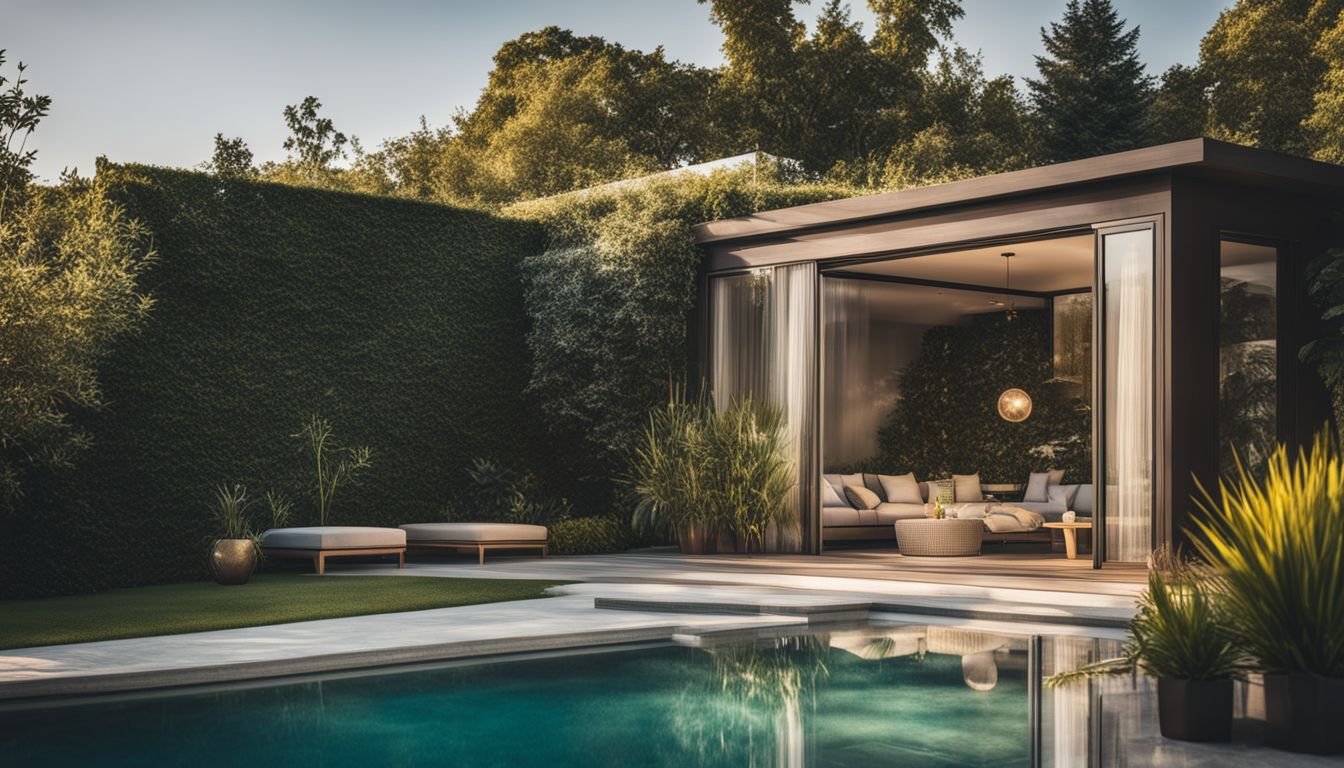 A modern fibreglass swimming pool set in a landscaped garden.