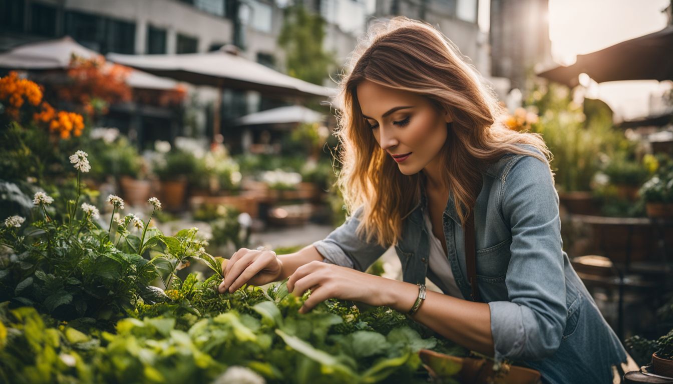 A woman tends to a thriving urban garden while navigating city regulations.