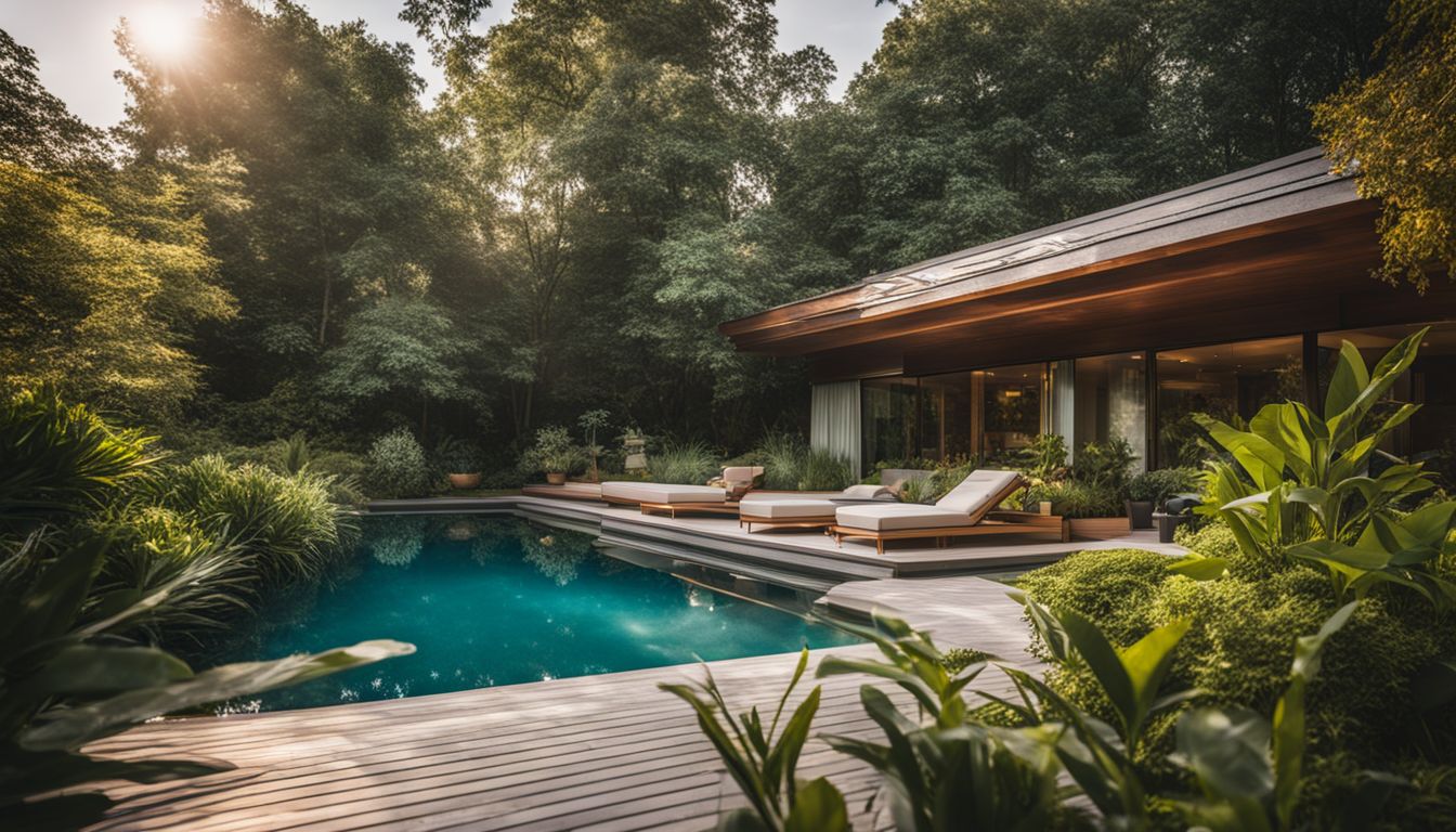 A modern swimming pool surrounded by lush gardens, captured in stunning detail.