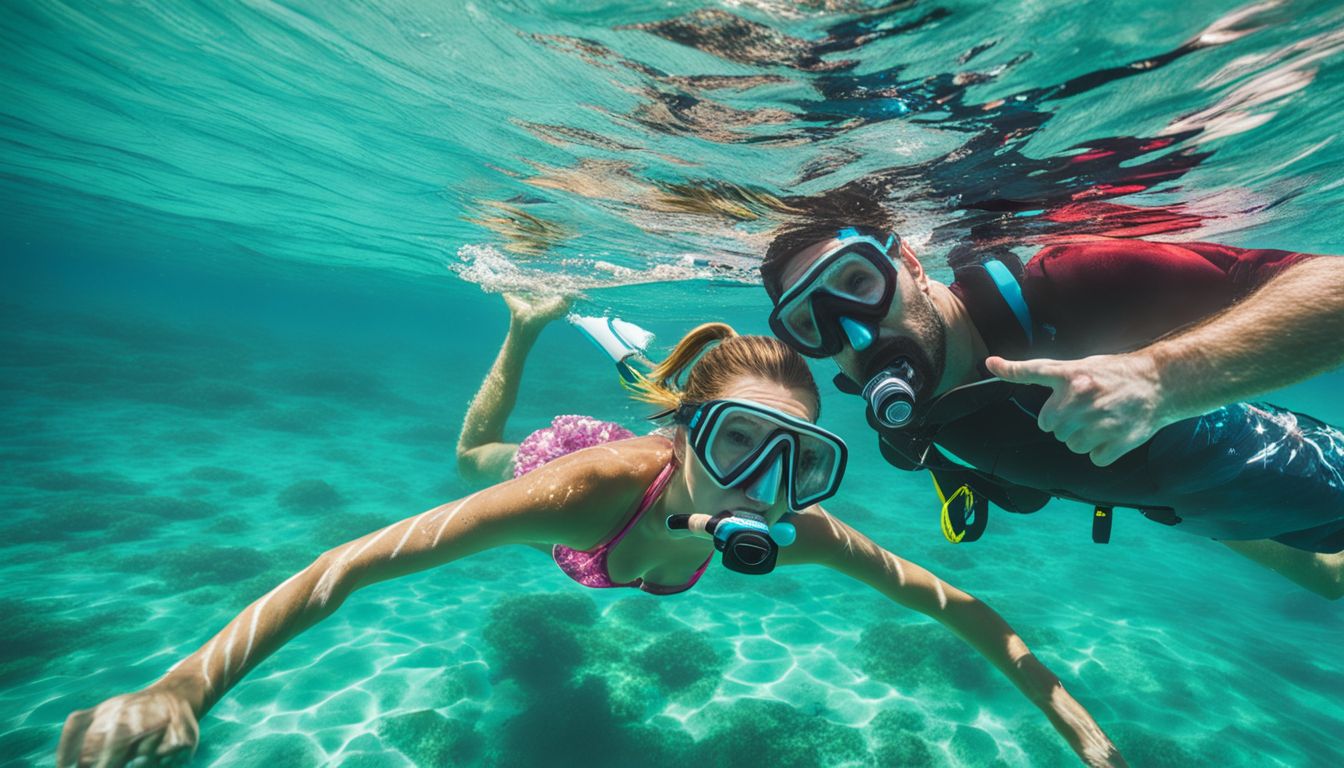 A couple snorkeling in the crystal-clear waters of the Exuma Cays.