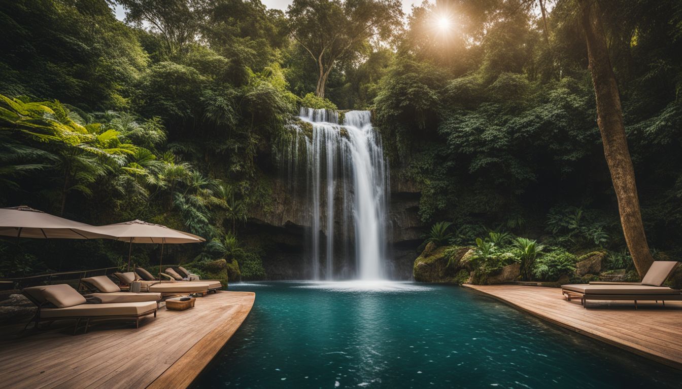 A pool with an illuminated waterfall surrounded by lush greenery.