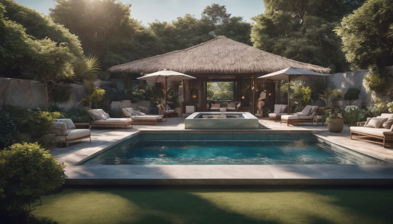 A luxurious 3D rendering of a swimming pool in a beautiful garden.