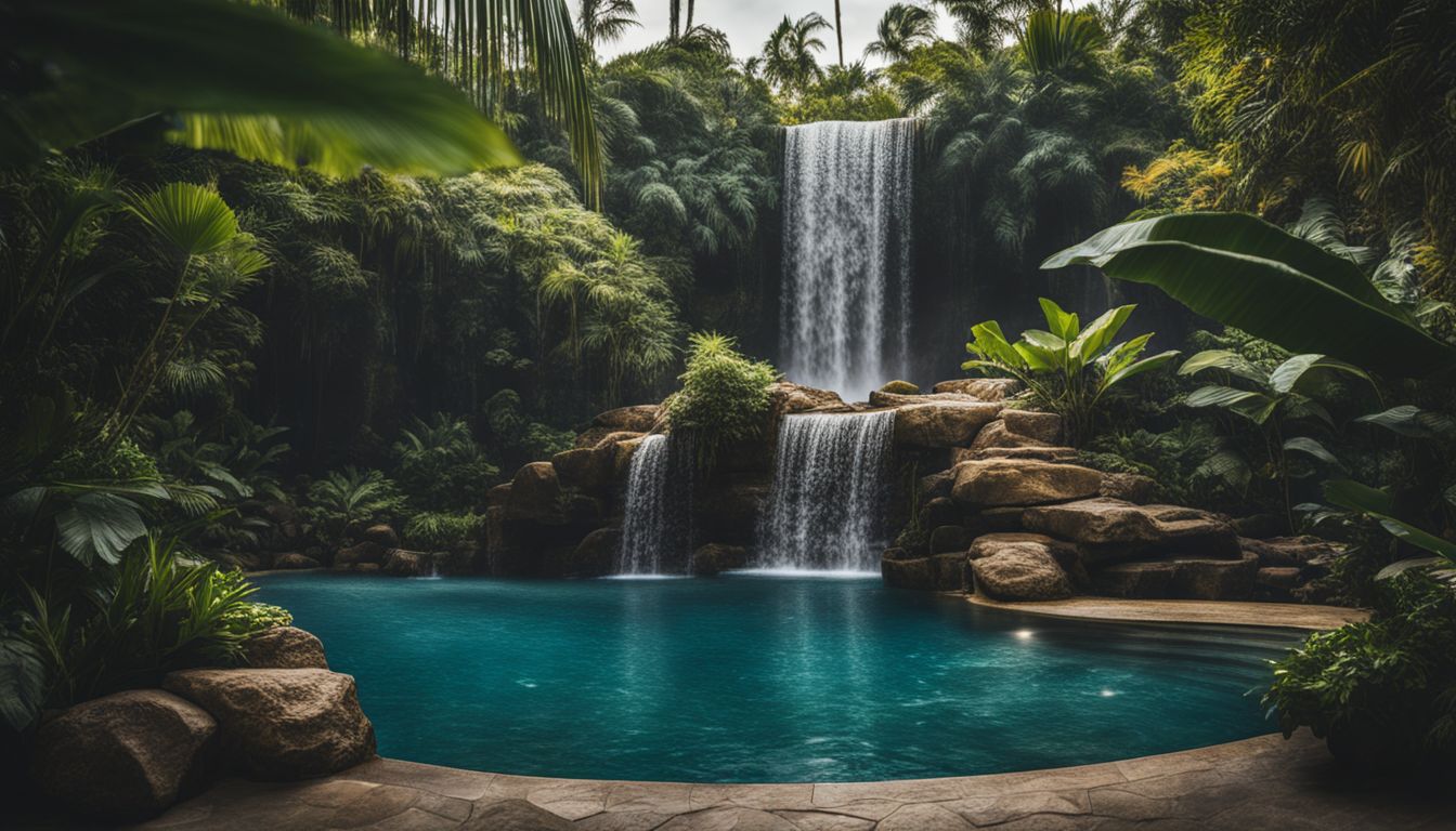 A stunning swimming pool with a waterfall and tropical landscaping.