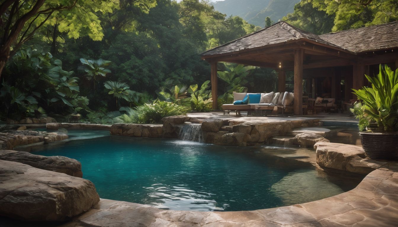 A pristine pool surrounded by lush greenery in a bustling atmosphere.