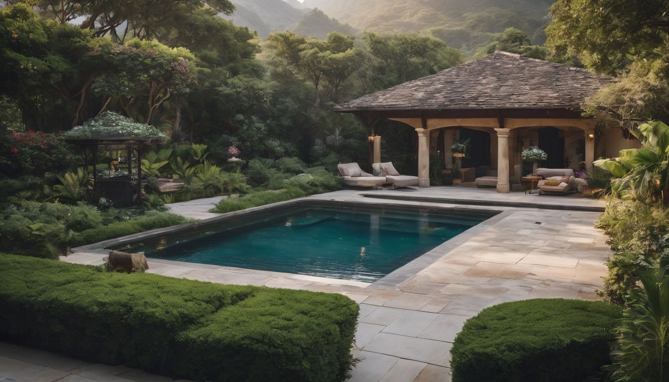 A luxurious swimming pool surrounded by lush landscaping and bustling atmosphere.