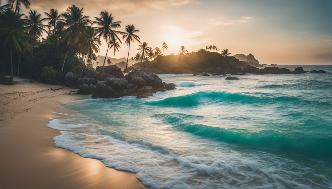 A beautiful beach with palm trees and turquoise waters in the background.