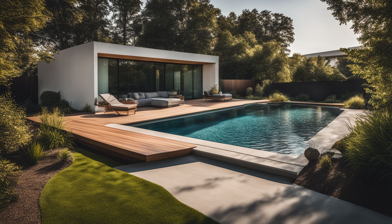 A modern concrete pool in a landscaped backyard with different people.